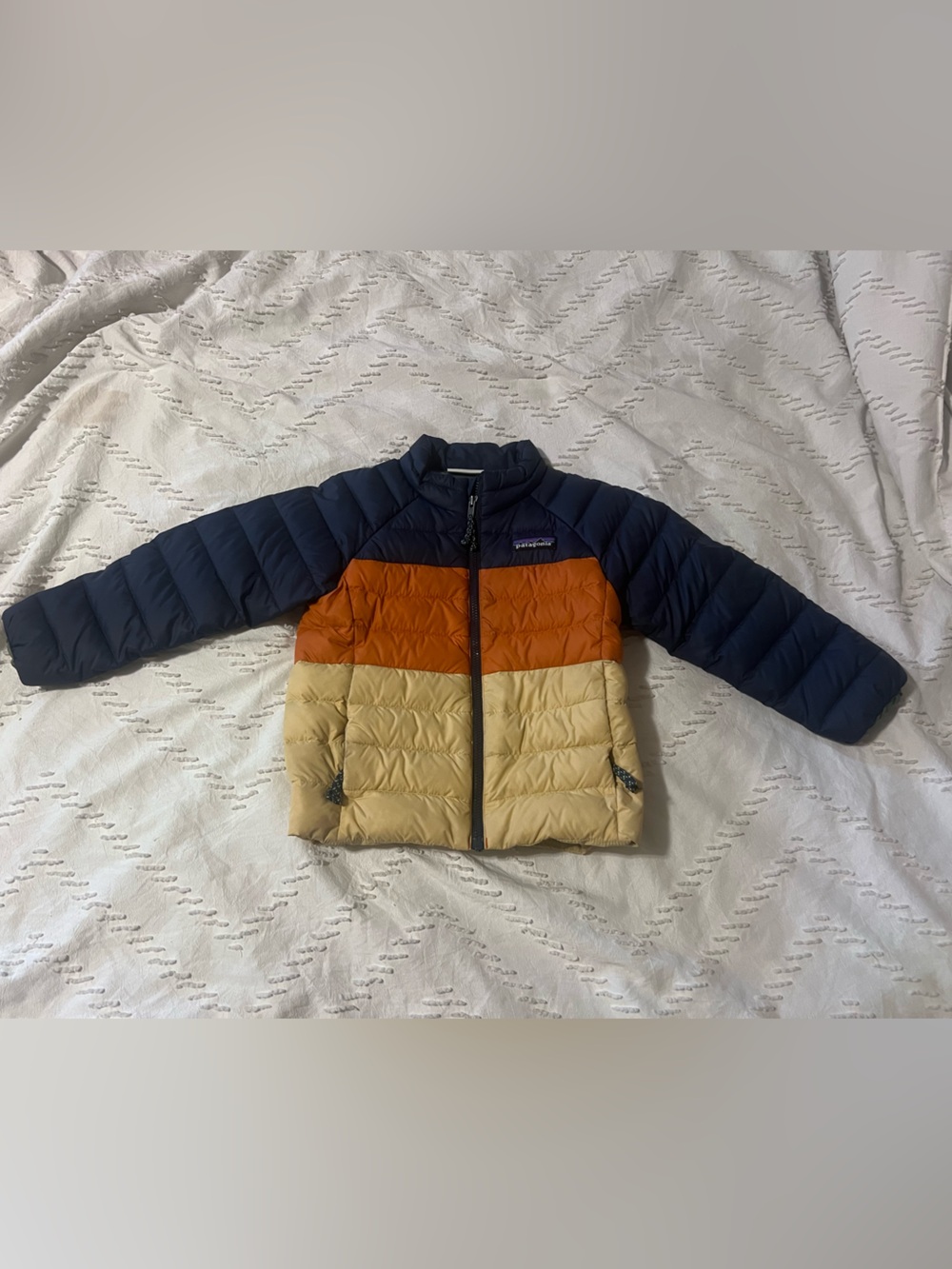 Patagonia Kids Colorblock Puffer Jacket - Navy, Orange & Beige